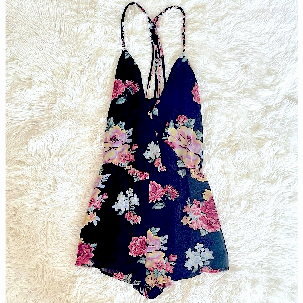 Forever 21 Black & Pink Floral Romper, M